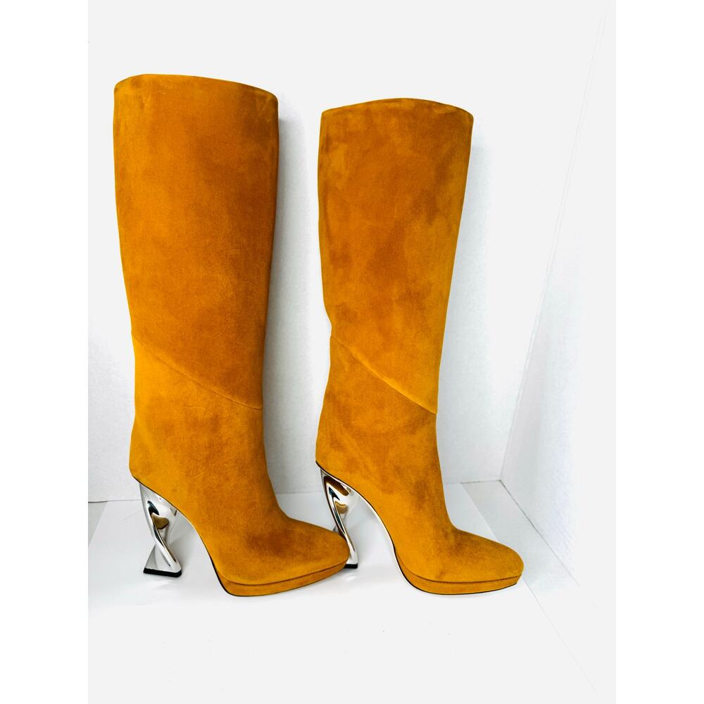 Brandon Maxwell Camel Suede Knee High Boots Sculptural Heel size Eu 39 US 9